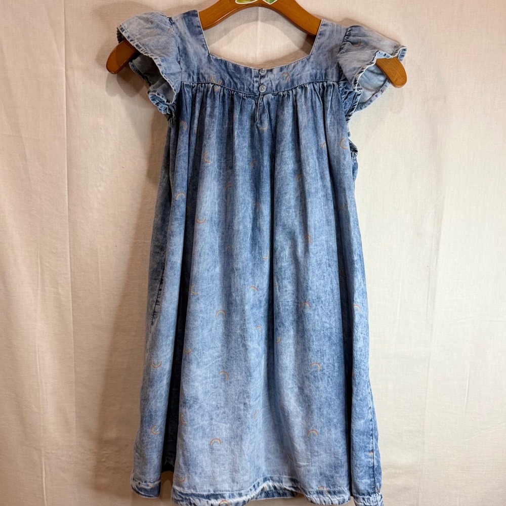 Tucker +Tate Girls Blue Acid Wash Denim Rainbow Embroidered Flutter Sleeve Dress - Picture 3 of 6
